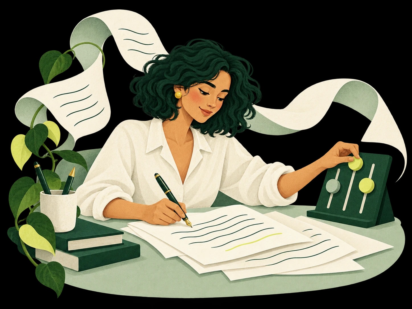 A writer refining a manuscript while adjusting three tactile controls for her voice