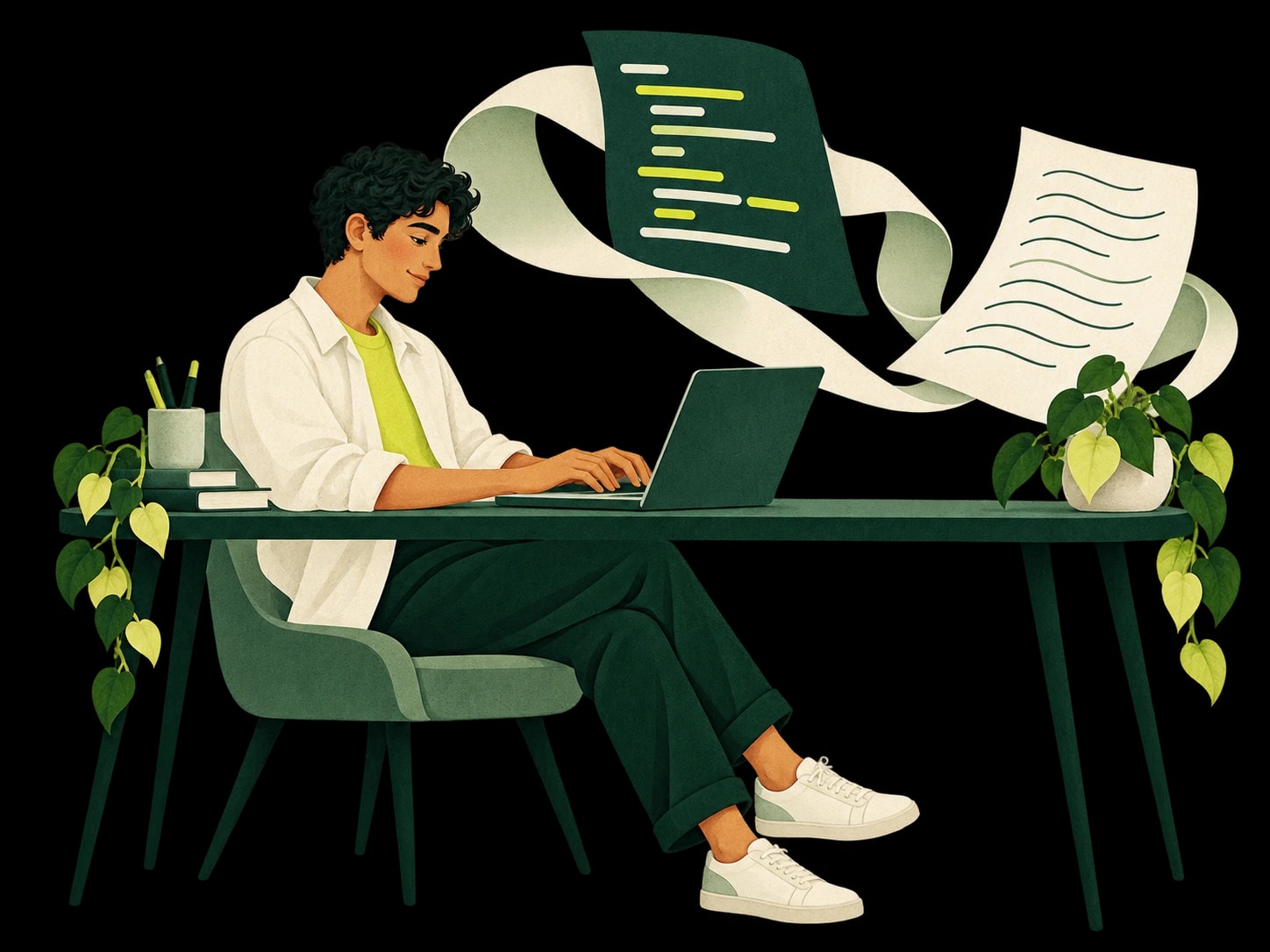 A developer at a laptop, with a paper ribbon connecting structured code to a written manuscript