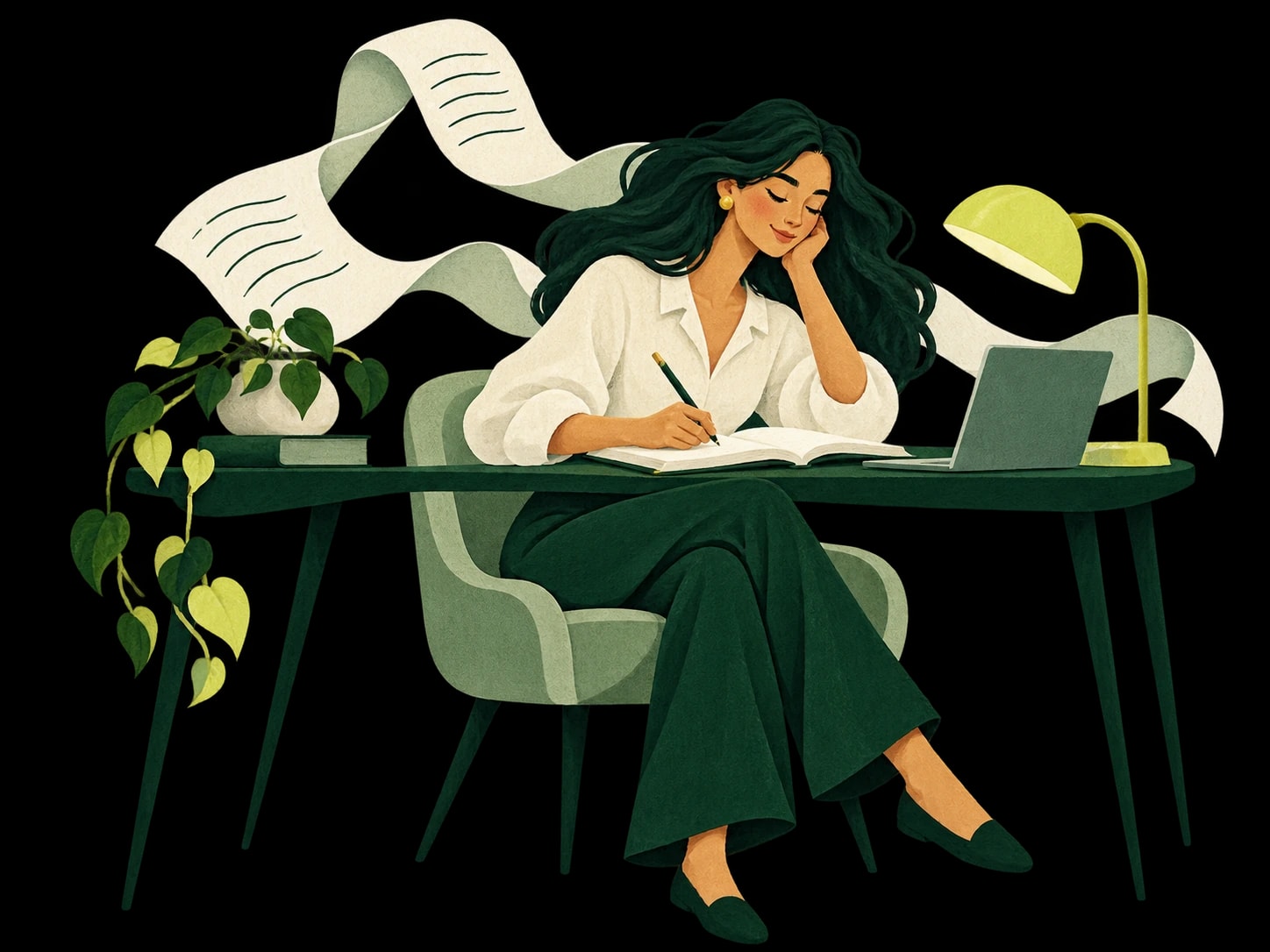 A writer at her desk, with a citron lamp and a flowing ribbon of handwritten pages