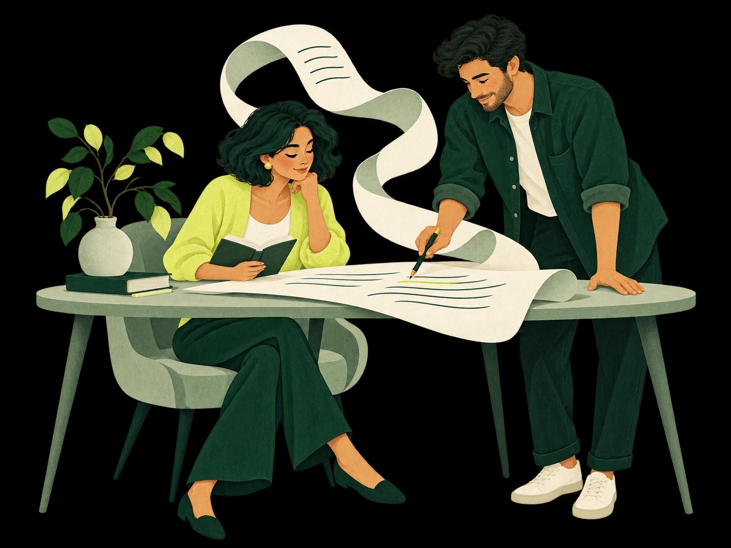Two editors reviewing a manuscript together as its pages curl into a paper ribbon